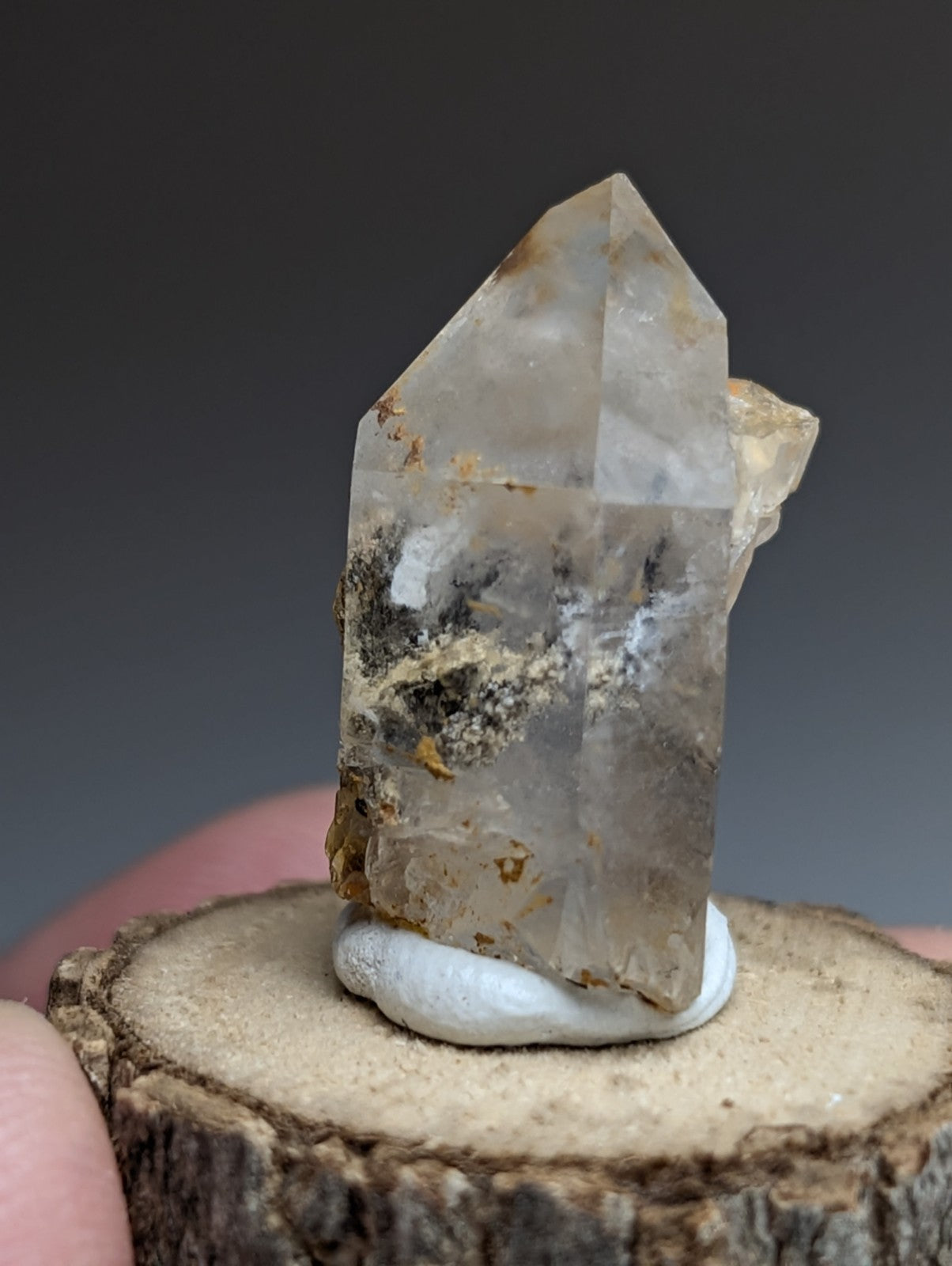 Nacrite + Manganese included Quartz Crystal Point, Arkansas, w/ wood base