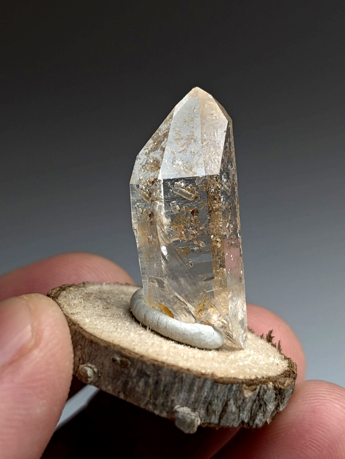 Optical Quartz Crystal Point, Montgomery County, Arkansas, USA, w/ wood mount