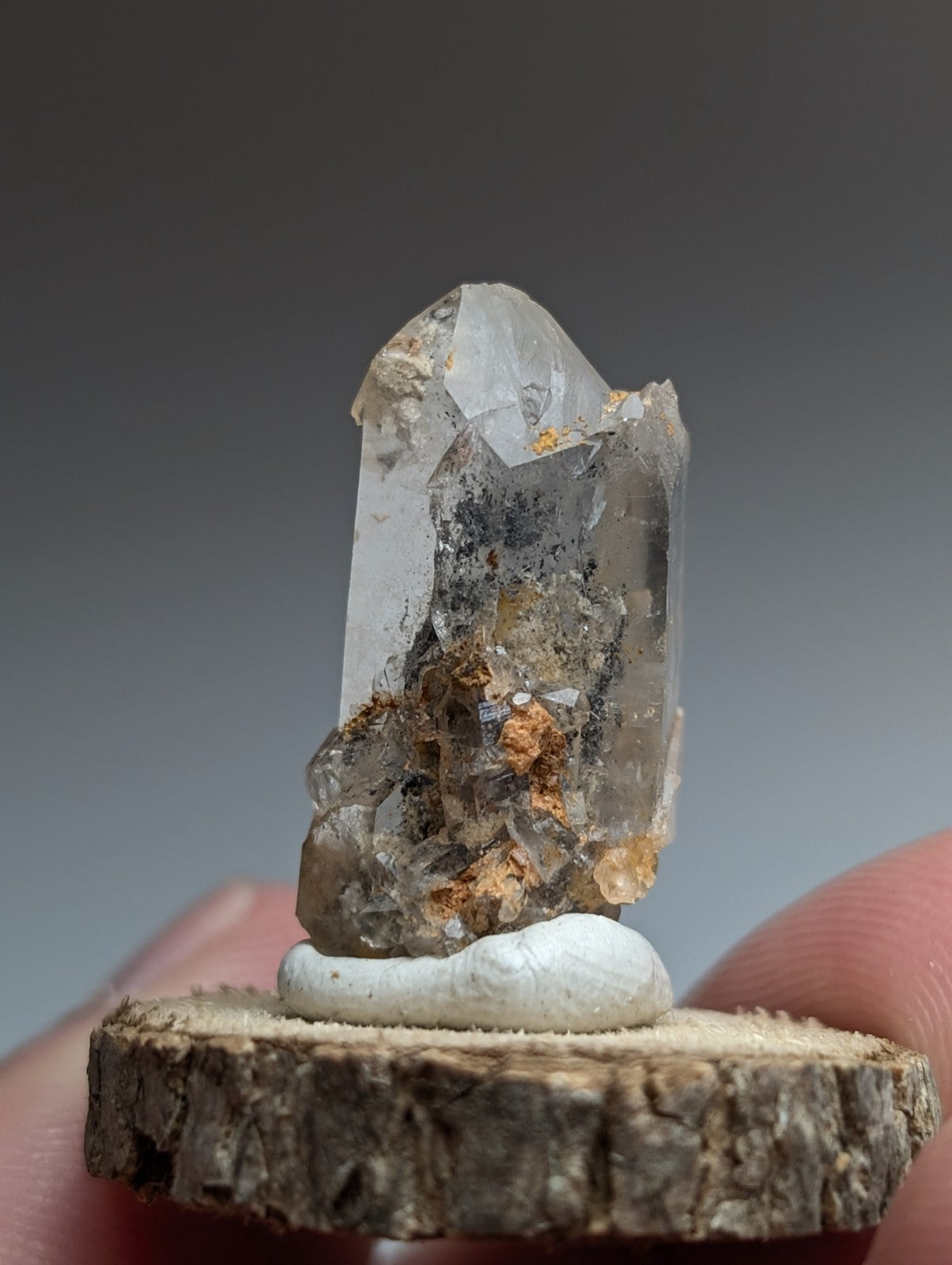 Nacrite + Manganese included Quartz Crystal Point, Arkansas, w/ wood base