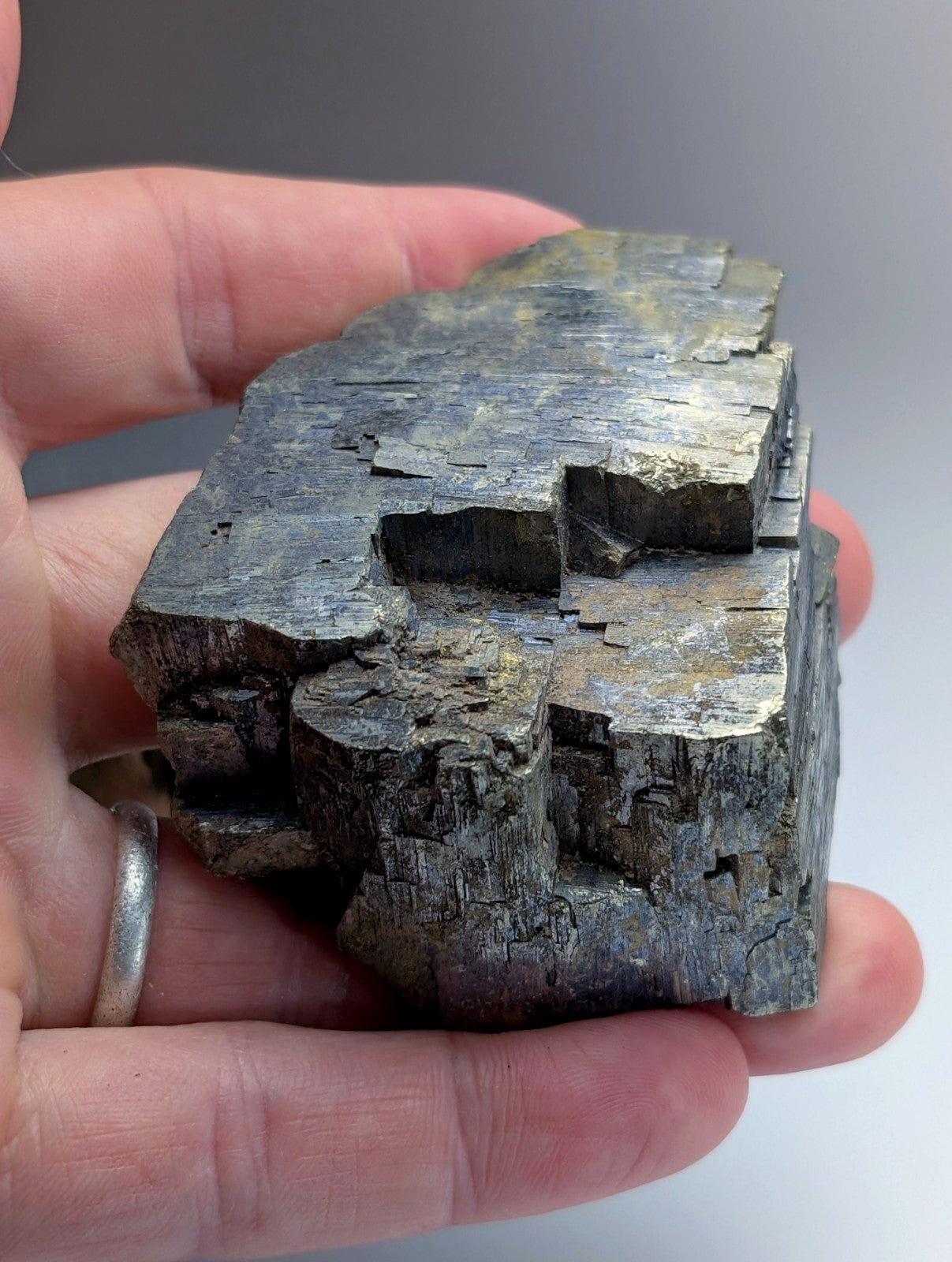 Pyrite with Molybdenum, Magnet Cove, Arkansas, USA, w/ wood display, ex Delinde