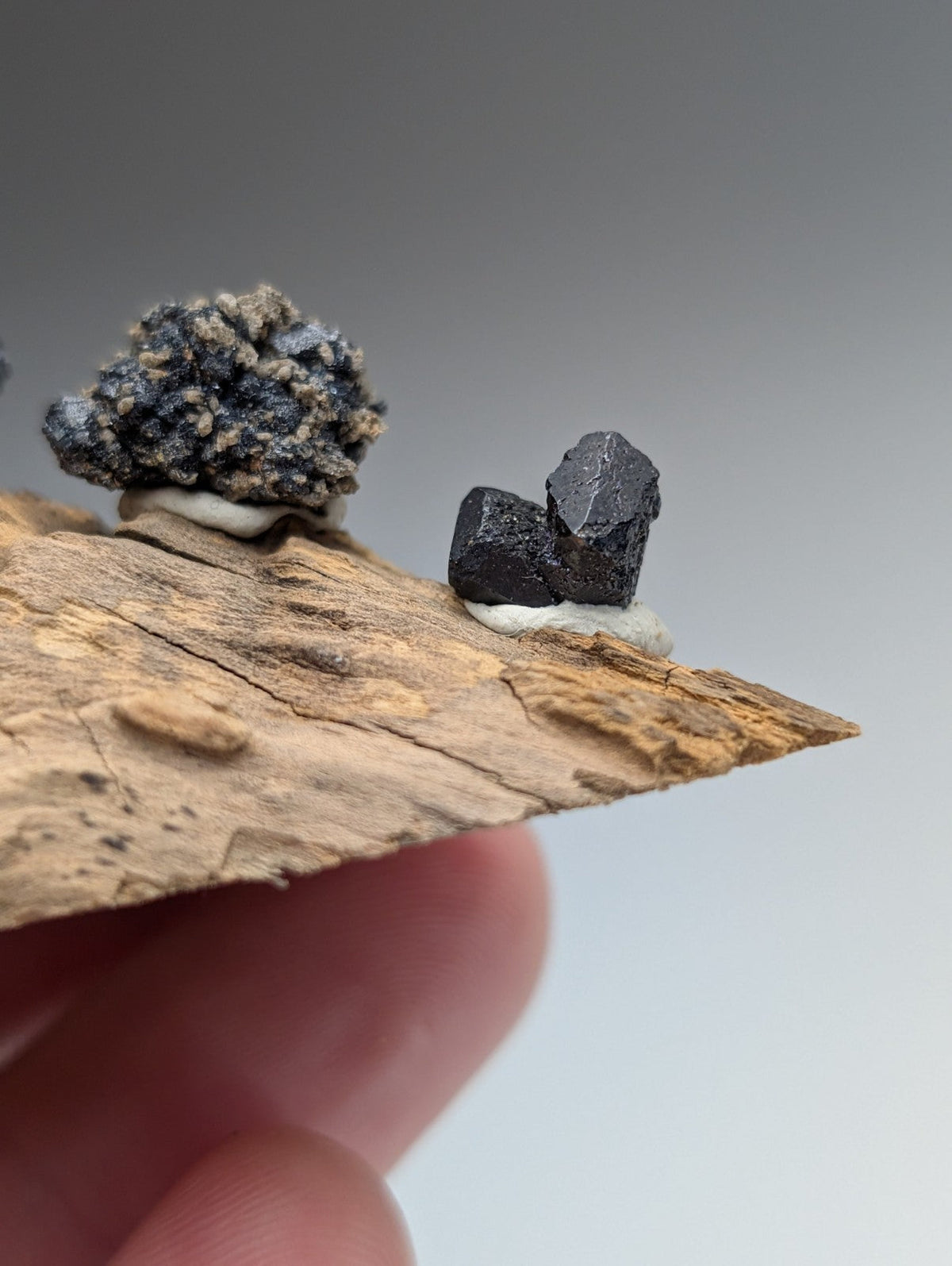 Set of 4 Brookite + Smoky Quartz, Magnet Cove, Arkansas, Old Stock, + wood stand