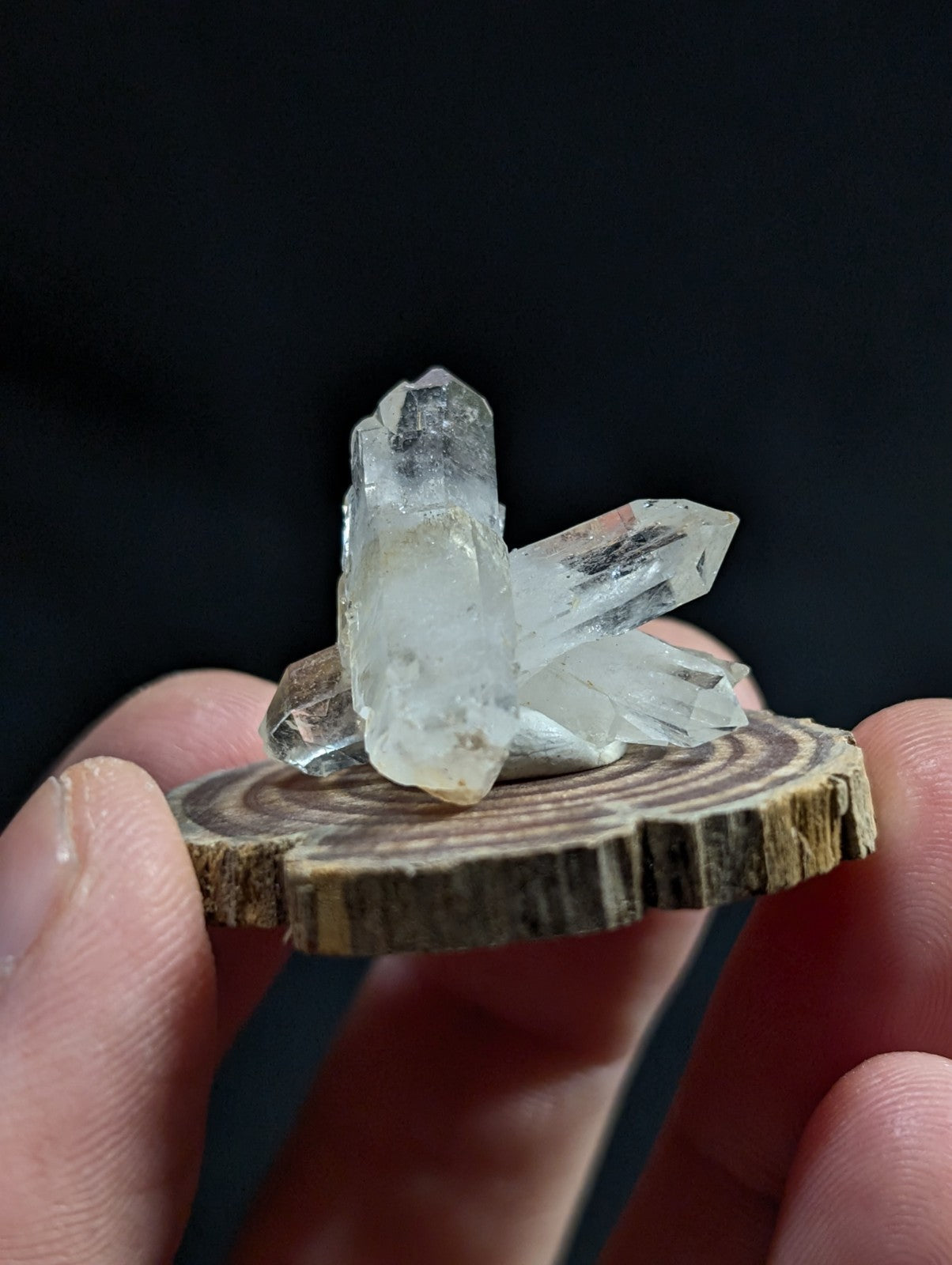 Quartz Crystal Cluster, Old Stock, Montgomery County, Arkansas, w/ wood base