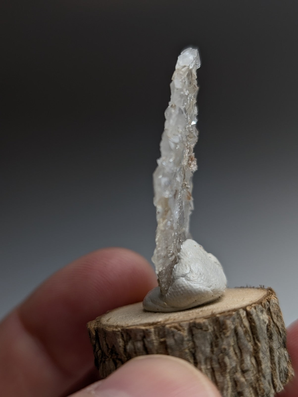 A+ Unique Quartz, Old Stock, Montgomery County, Arkansas, w/ natural wood base