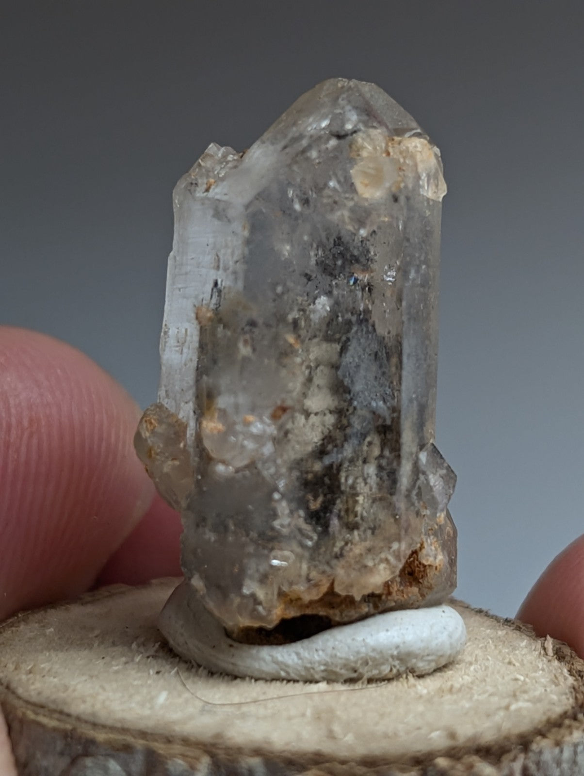 Nacrite + Manganese included Quartz Crystal Point, Arkansas, w/ wood base