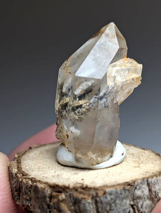 Nacrite + Manganese included Quartz Crystal Point, Arkansas, w/ wood base