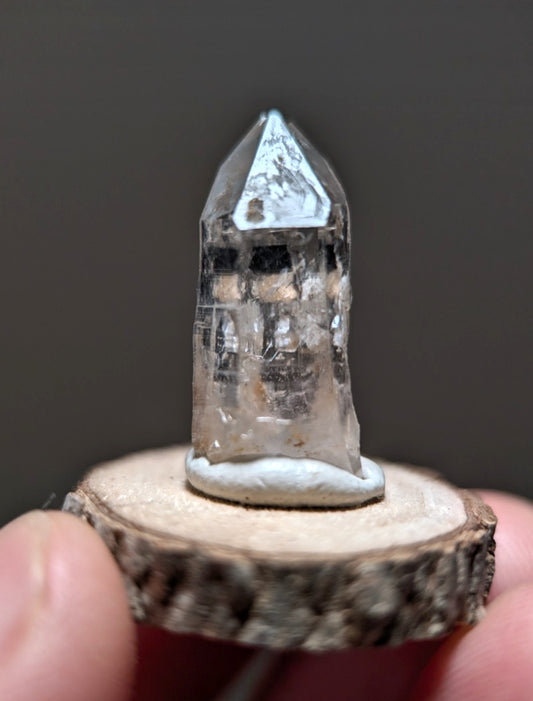 Nacrite + Manganese included Quartz Crystal Point, Arkansas, w/ wood base
