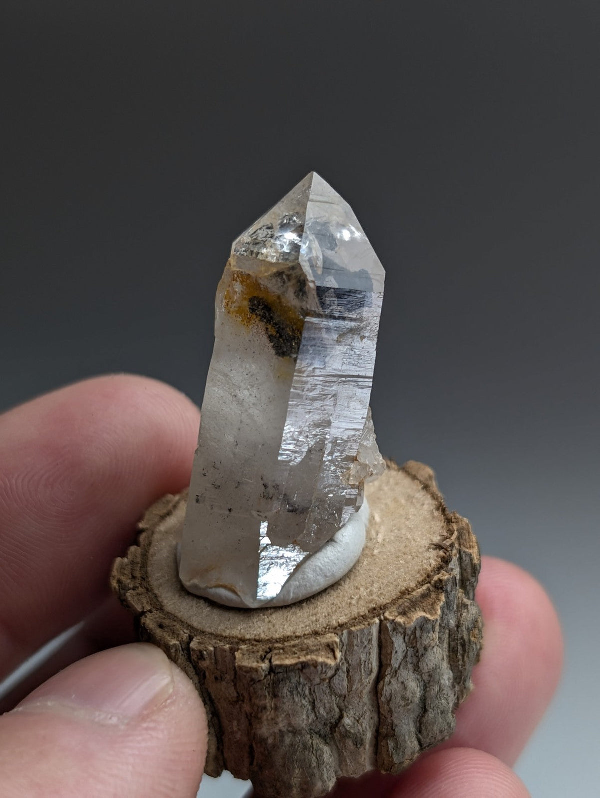 A+ Unique Quartz, Old Stock, Montgomery County, Arkansas, w/ natural wood base