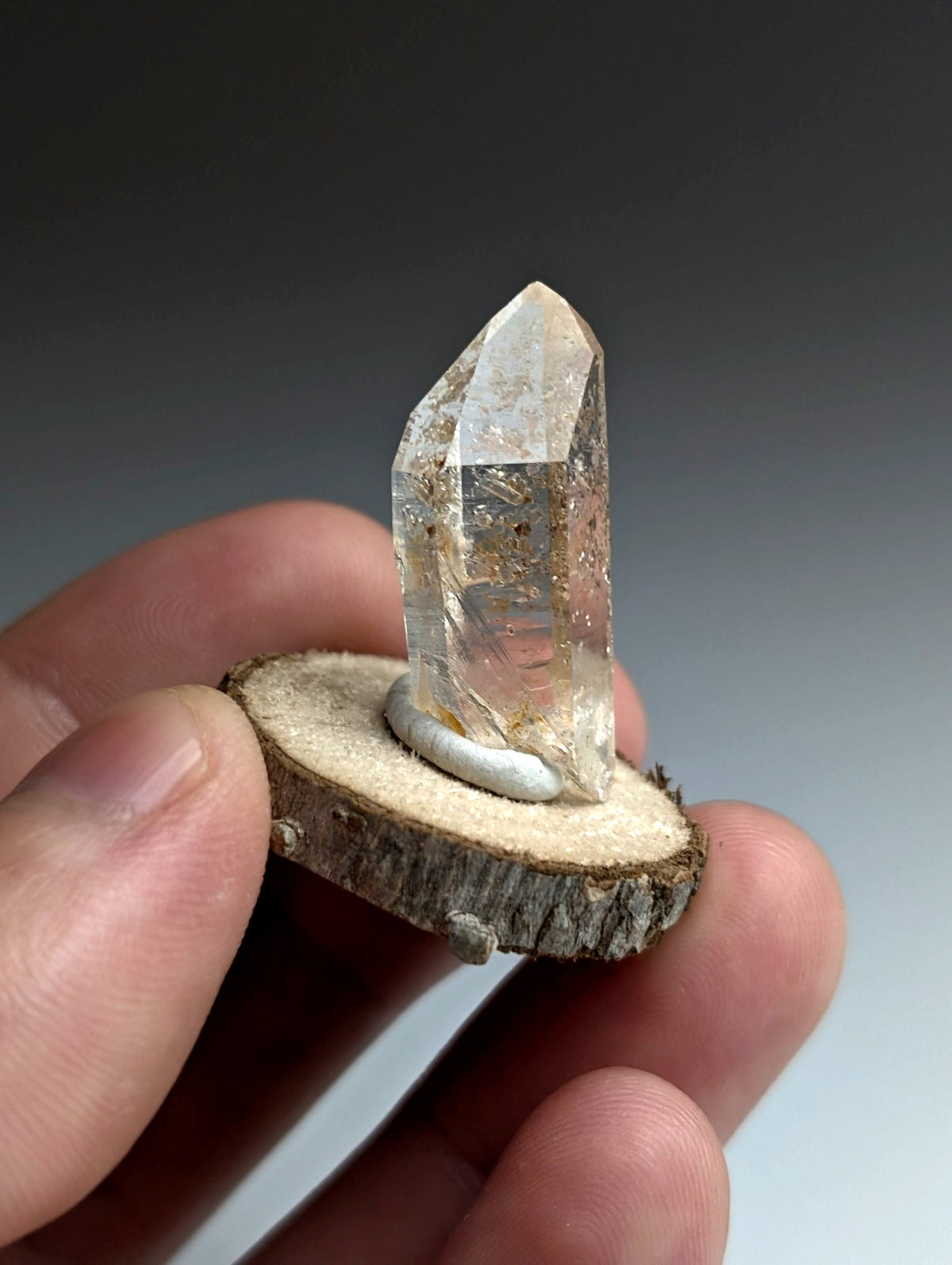 Optical Quartz Crystal Point, Montgomery County, Arkansas, USA, w/ wood mount