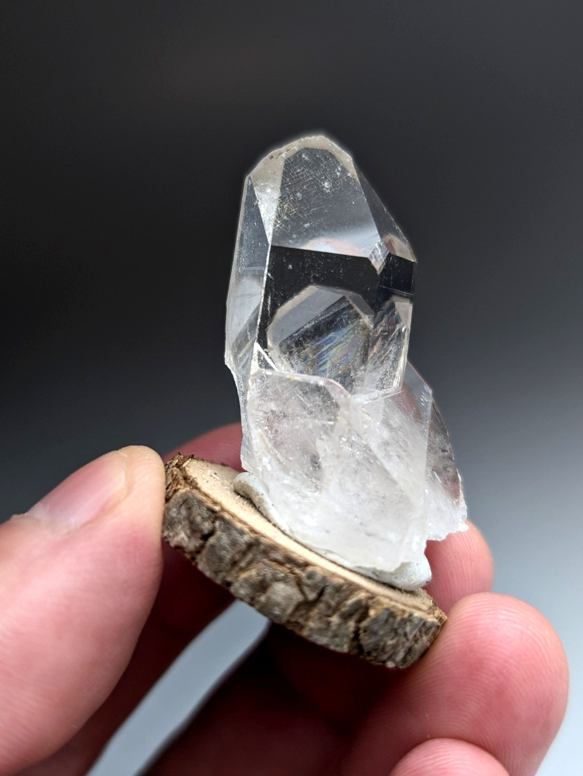 Unique Quartz Point, Old Stock, Garland County, Arkansas, w/ natural wood base