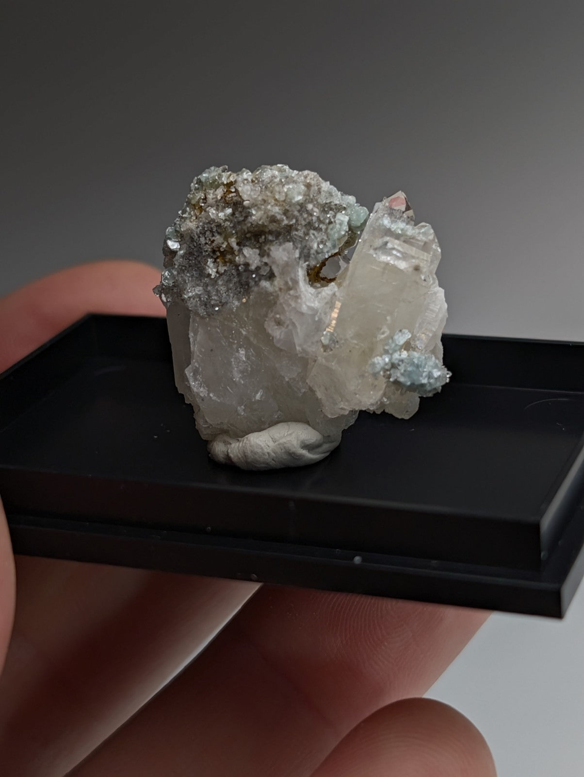 Blue-Green Cookeite on Quartz, Saline County, Arkansas, Old Stock, w/ photo case
