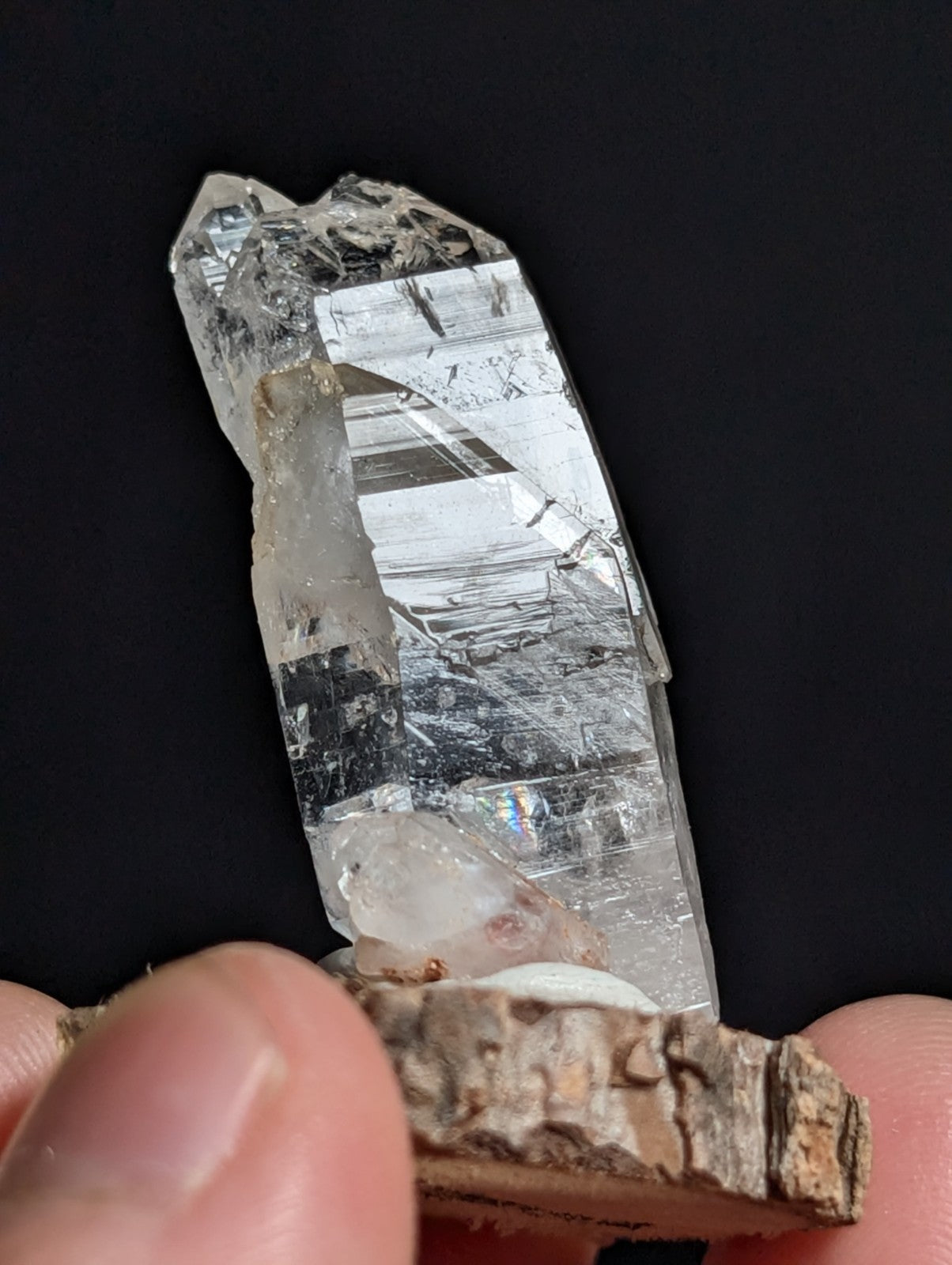 A+ Unique Quartz, Old Stock, Montgomery County, Arkansas, w/ natural wood base