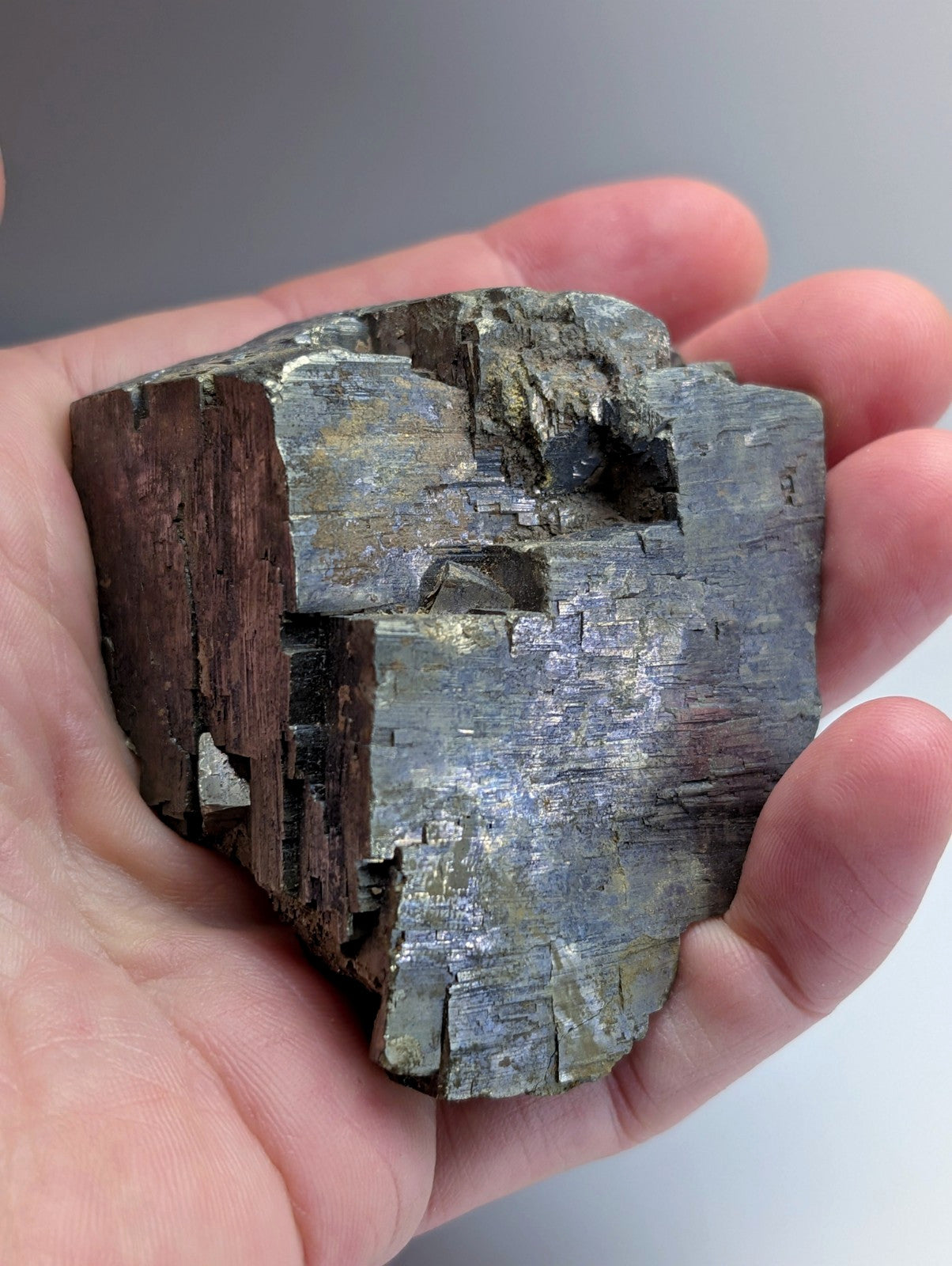 Pyrite with Molybdenum, Magnet Cove, Arkansas, USA, w/ wood display, ex Delinde