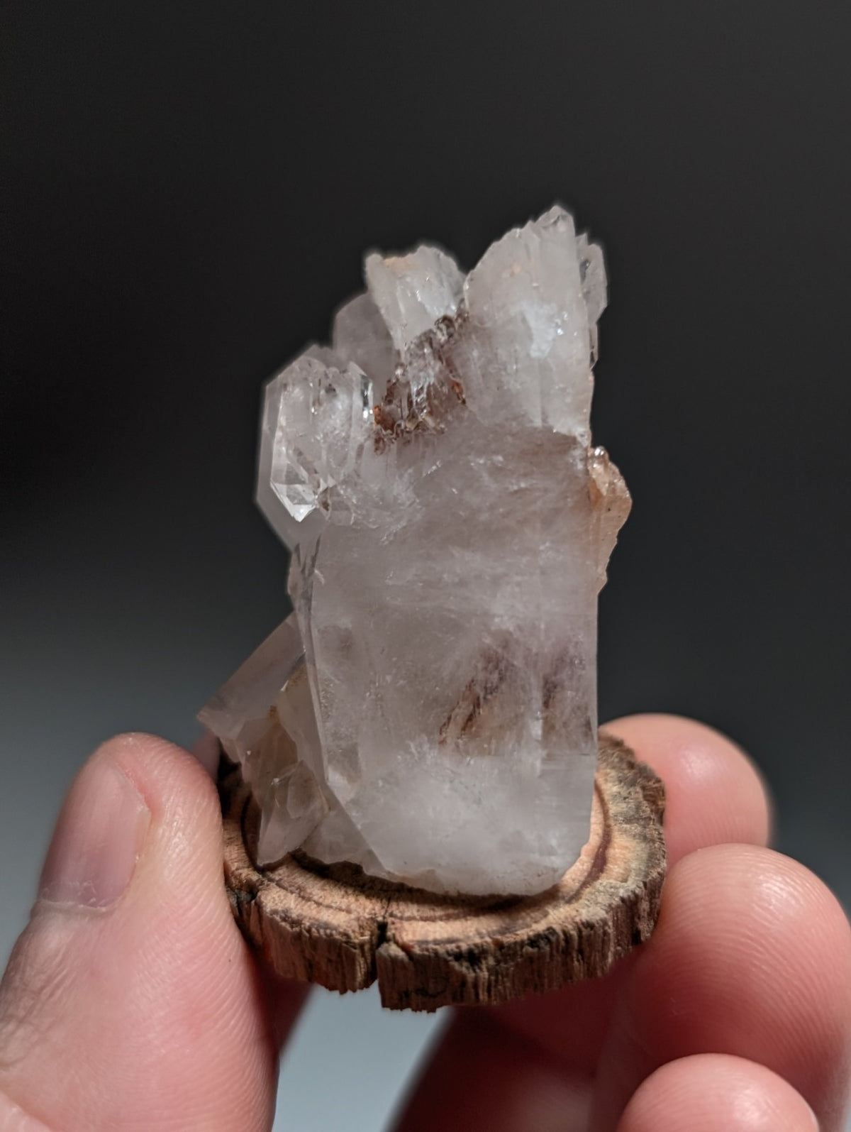 A+ Cathedral Quartz Crystal, Montgomery County, Arkansas, w/ natural wood base