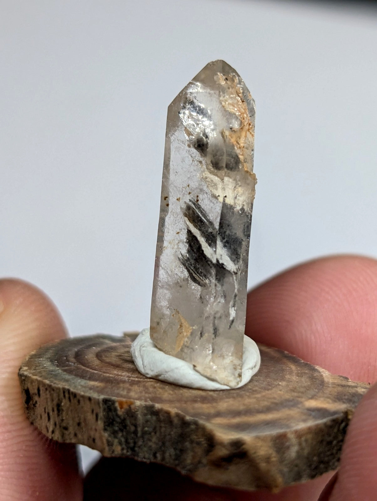 Nacrite + Manganese included Quartz Crystal Point, Arkansas, w/ wood base