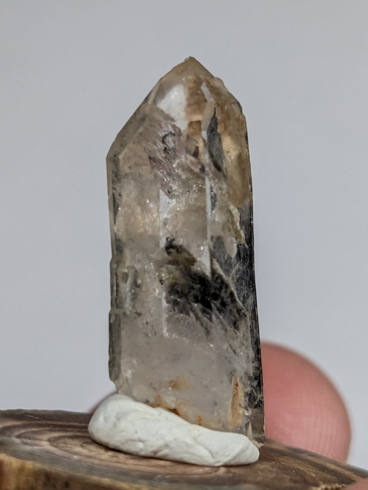 Nacrite + Manganese included Quartz Crystal Point, Arkansas, w/ wood base