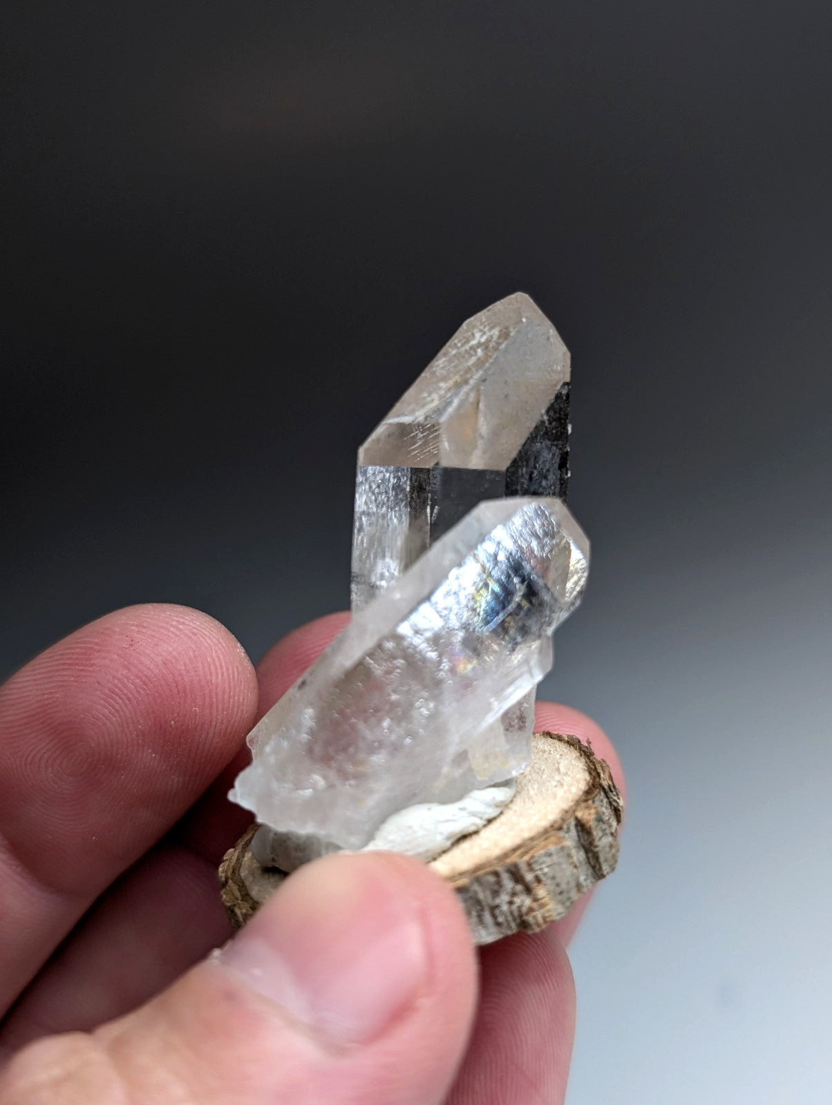 Unique Quartz Point, Old Stock, Garland County, Arkansas, w/ natural wood base