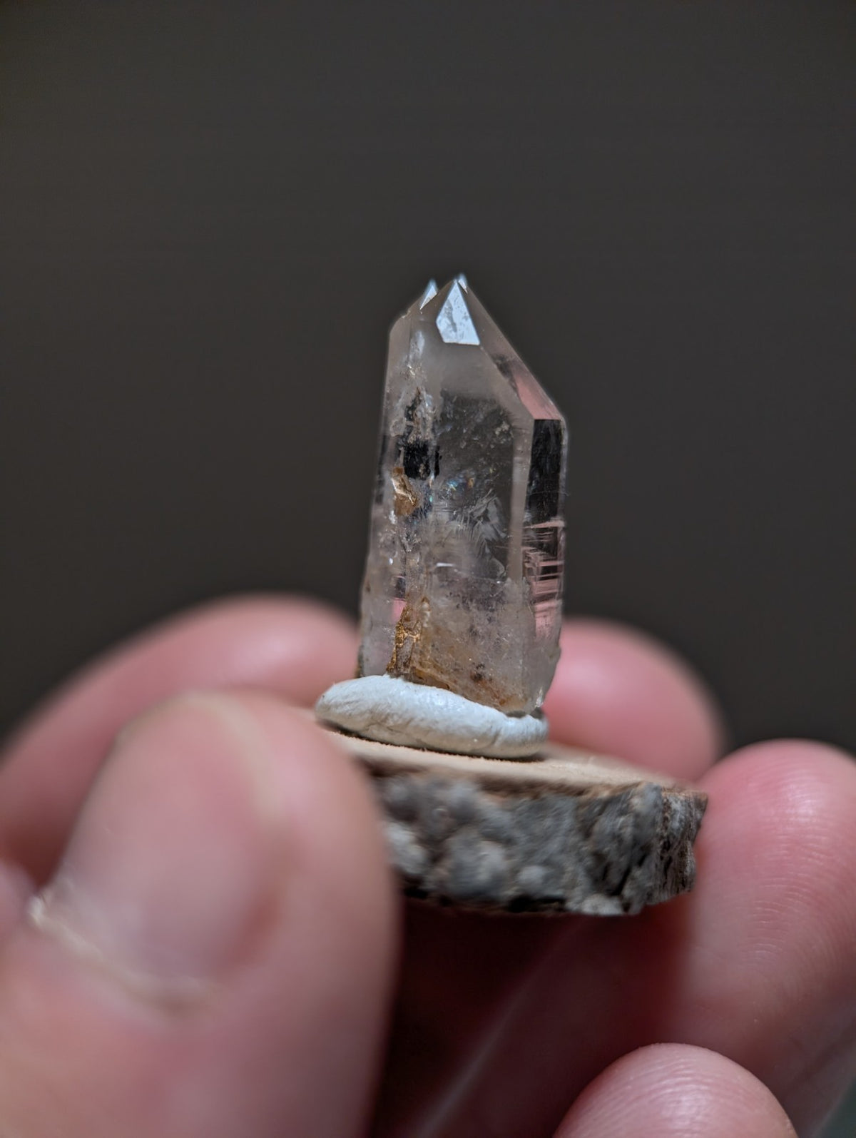 Nacrite + Manganese included Quartz Crystal Point, Arkansas, w/ wood base