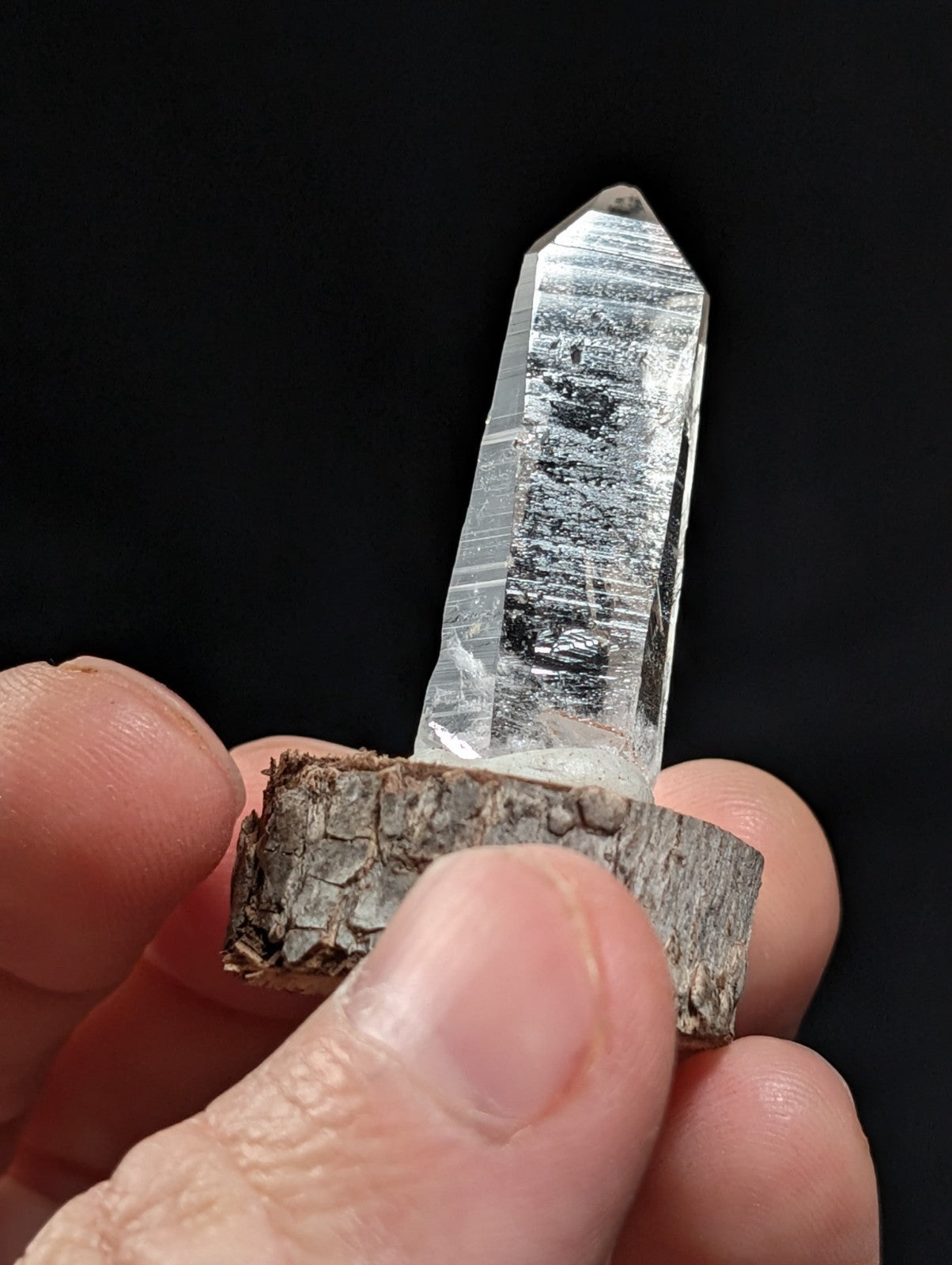 A+ Clear Quartz, Old Stock, Montgomery County, Arkansas, w/ natural wood base