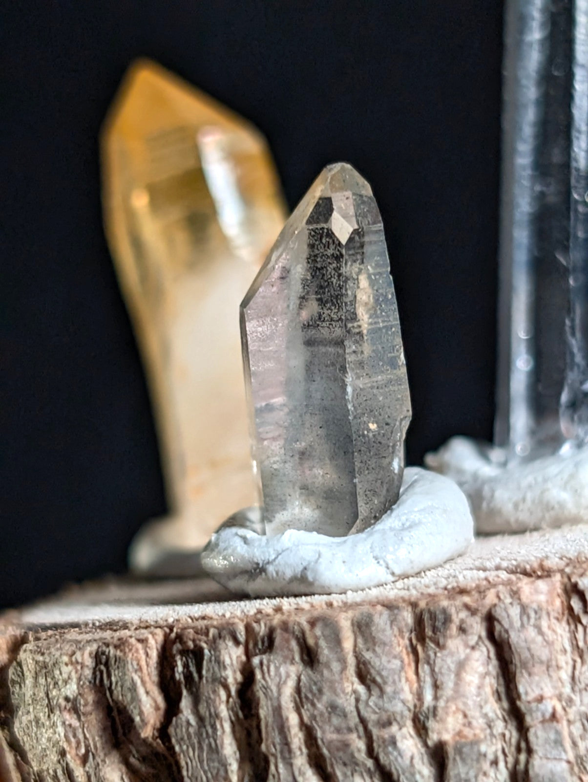 Unique set of 3 Quartz Crystal Points, Garland County, Arkansas, w/ wood base