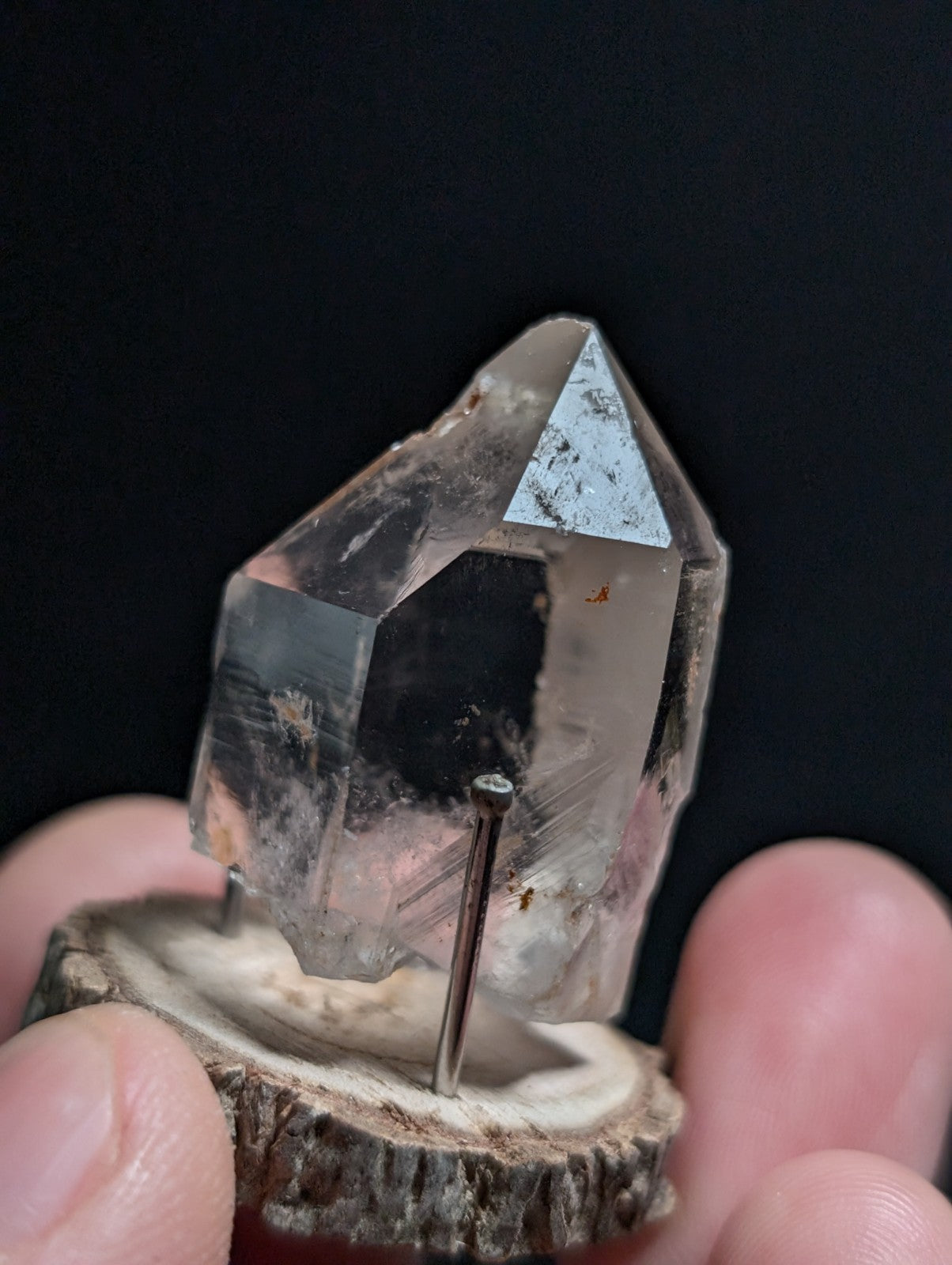 A+ Nacrite Phantom Quartz, Old Stock, Montgomery County, Arkansas, w/ wood base