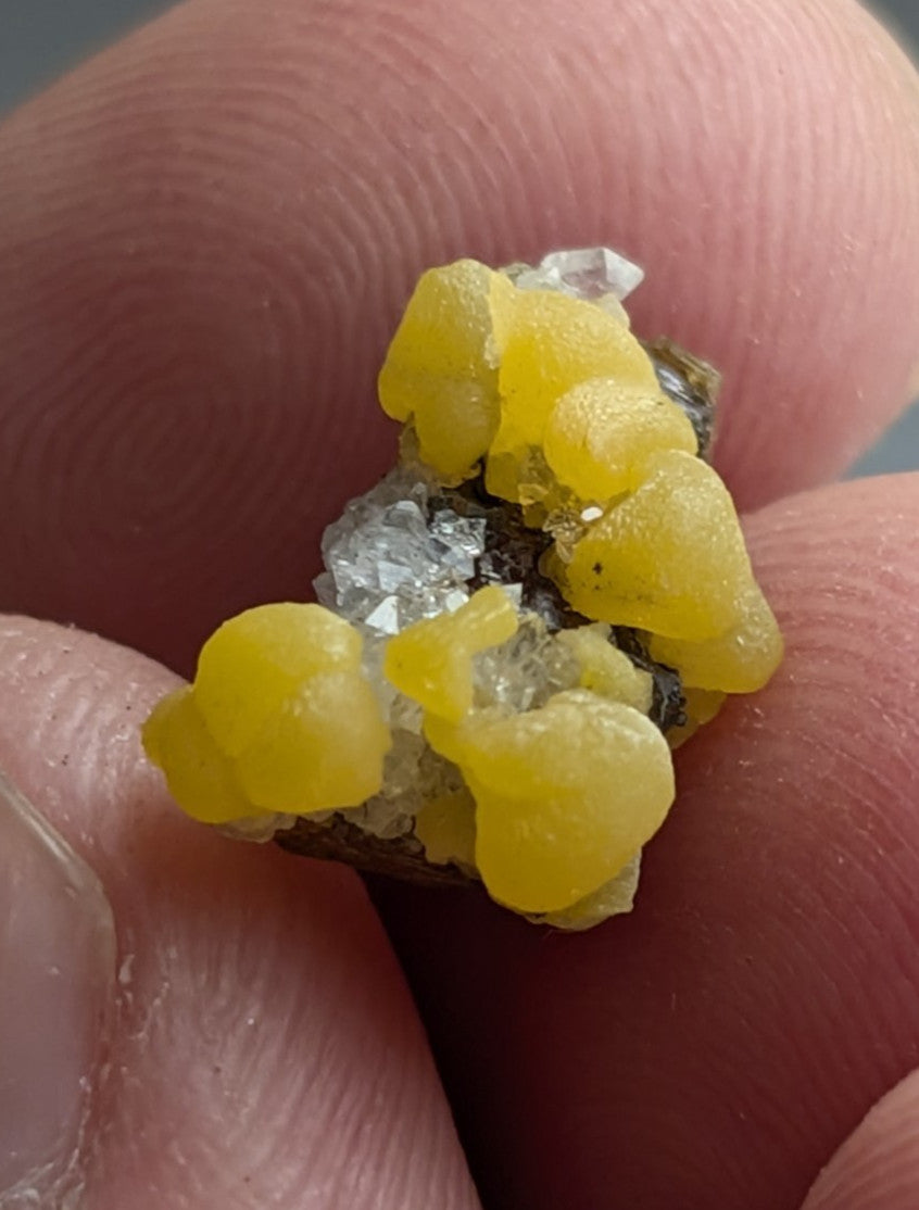 Greenockite included Smithsonite on Quartz/Sphalerite, Rush, Marion Co, Arkansas