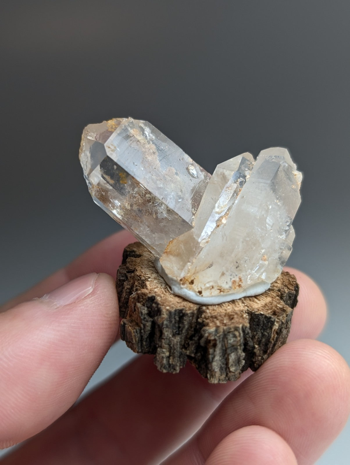 Nacrite included Quartz Crystal, Montgomery County, Arkansas, w/ wood base