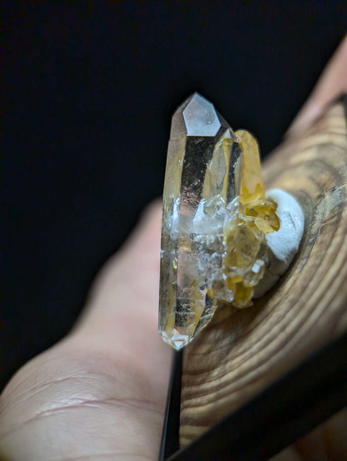 A+ Quartz Crystal Cluster, w/ wood mount + photo case - Garland County, Arkansas