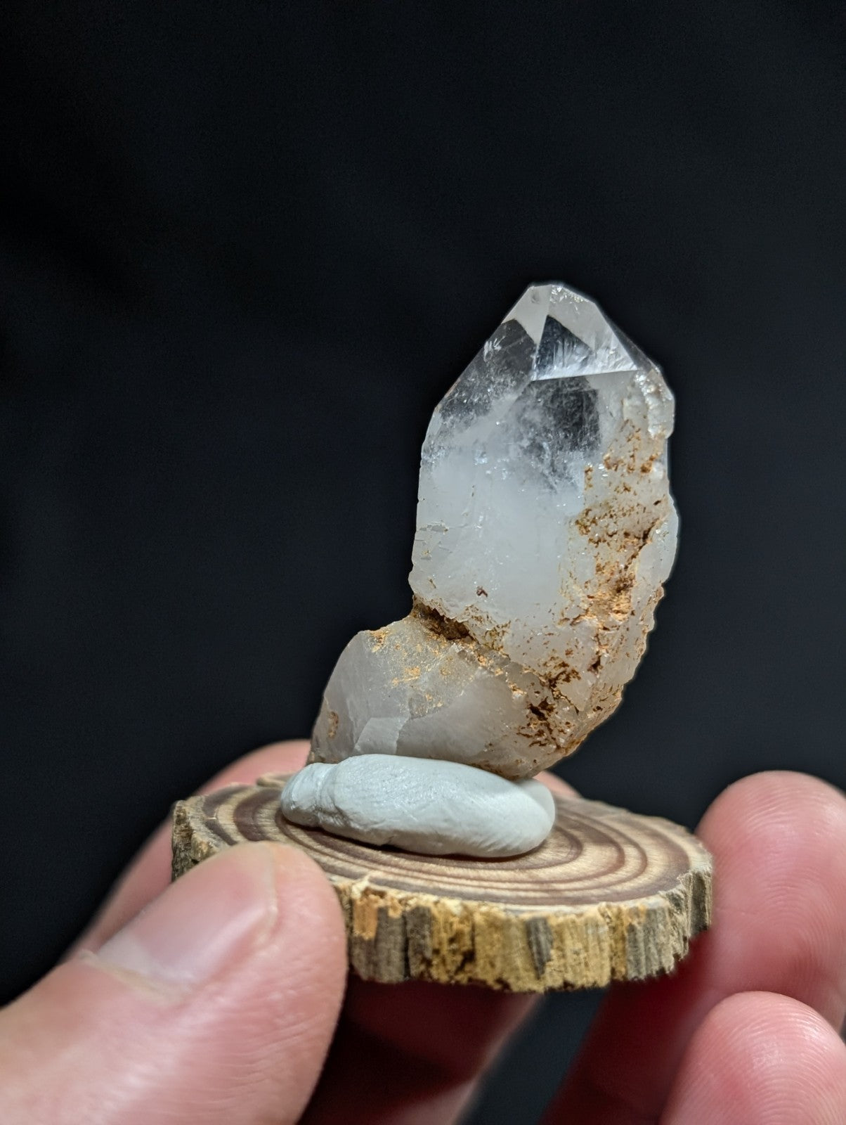 Super Curved Quartz Crystal Point, Montgomery County, Arkansas, w/ wood base