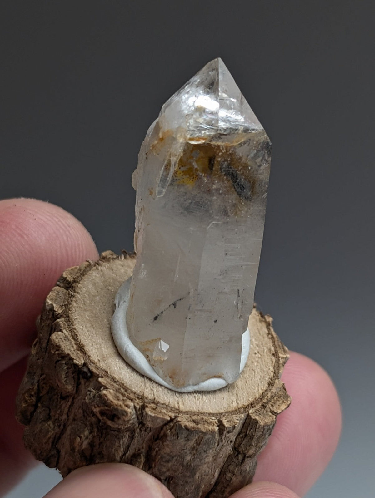 A+ Unique Quartz, Old Stock, Montgomery County, Arkansas, w/ natural wood base