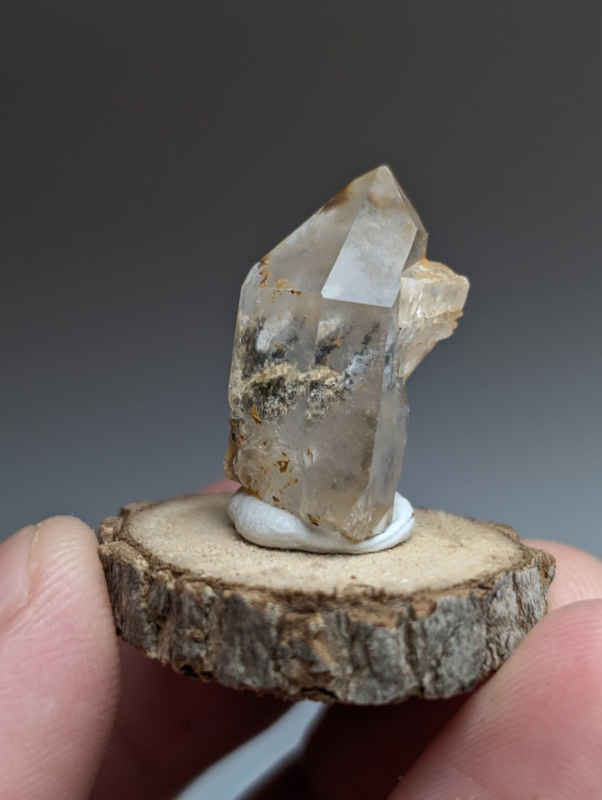 Nacrite + Manganese included Quartz Crystal Point, Arkansas, w/ wood base