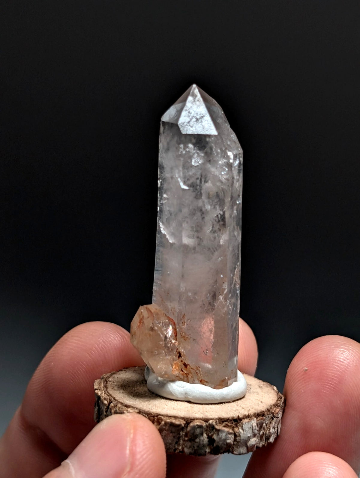 A+ Quartz Crystal Point, Montgomery County, Arkansas, w/ natural wood base