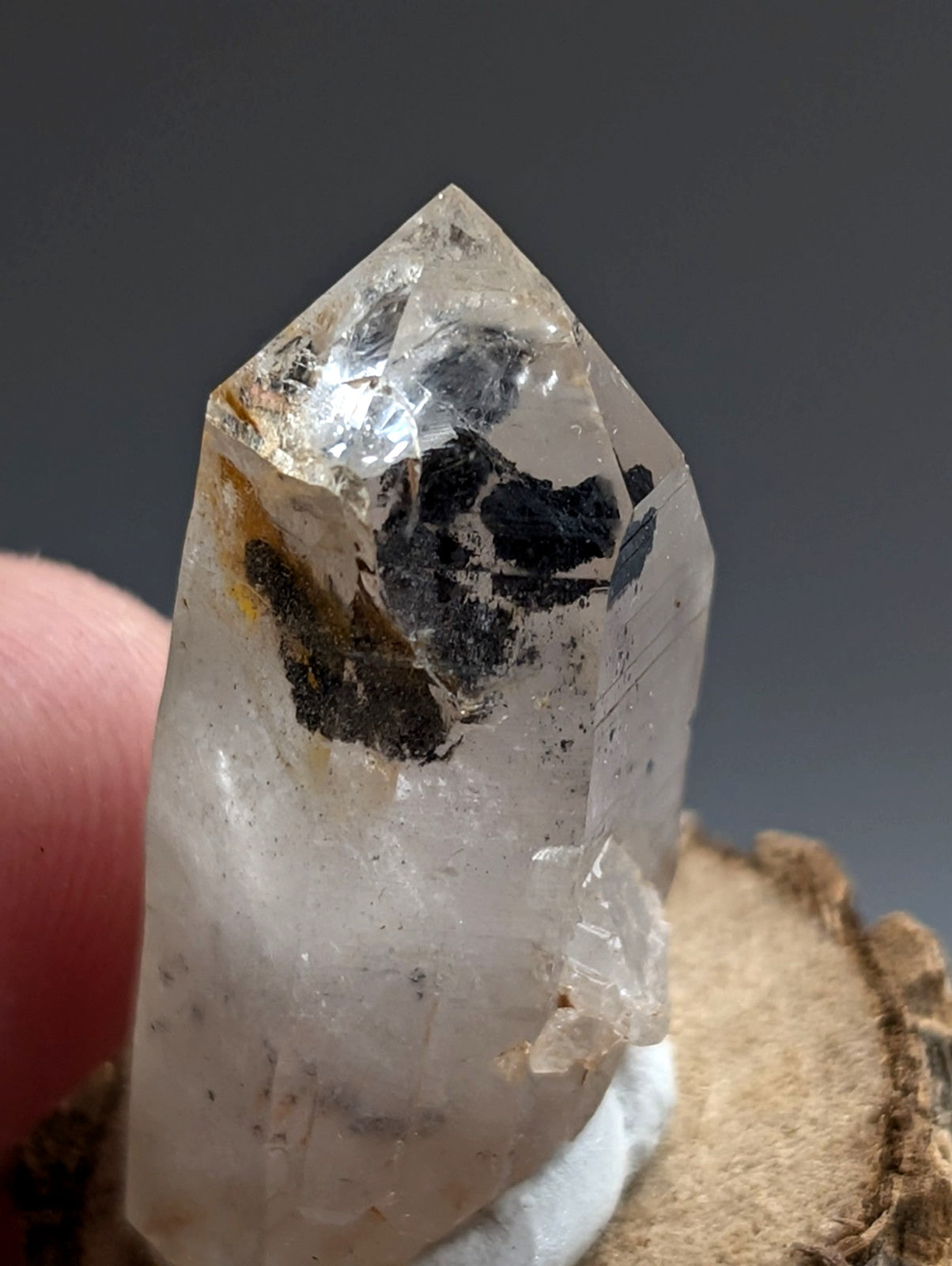 A+ Unique Quartz, Old Stock, Montgomery County, Arkansas, w/ natural wood base