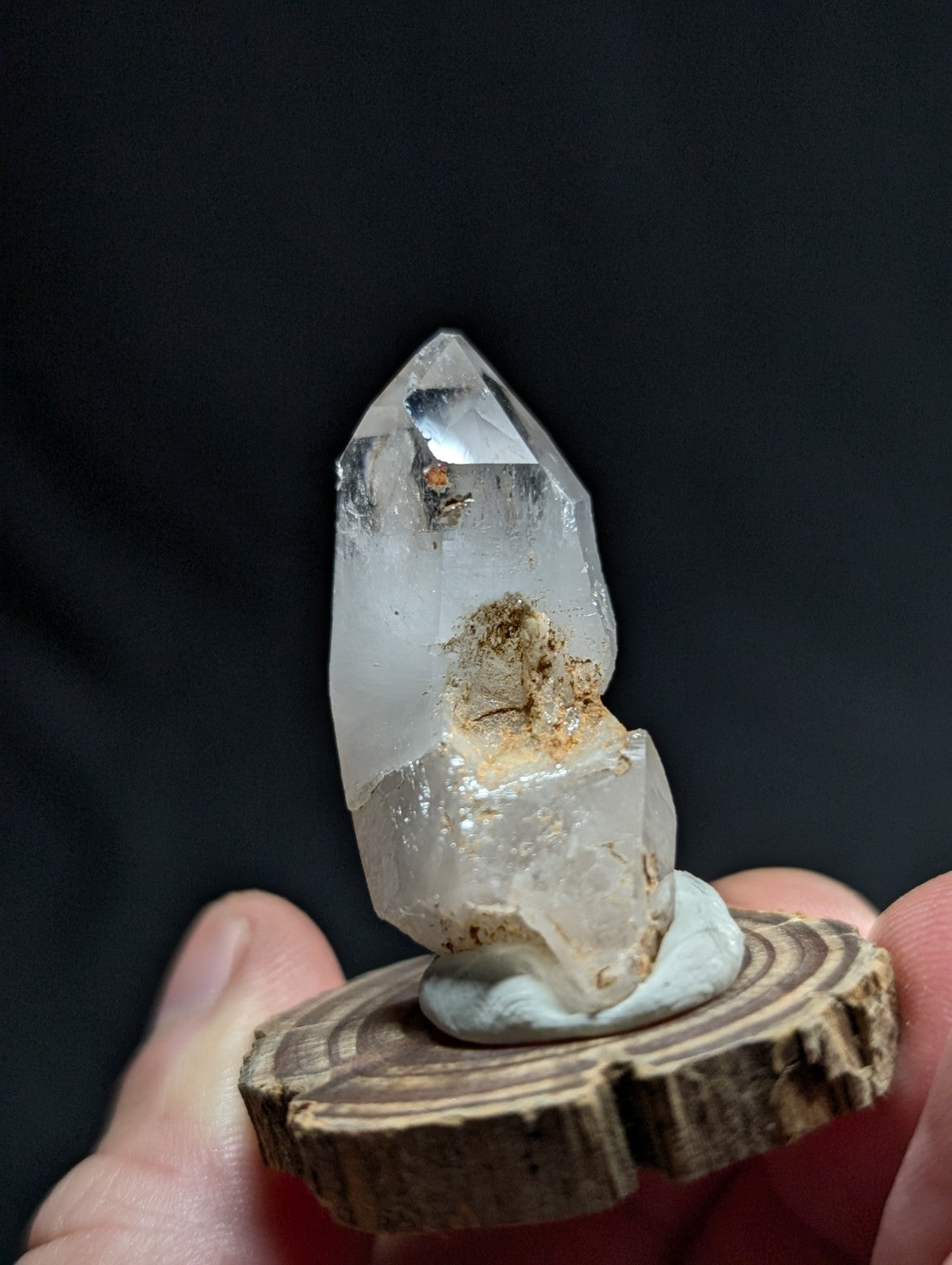 Super Curved Quartz Crystal Point, Montgomery County, Arkansas, w/ wood base