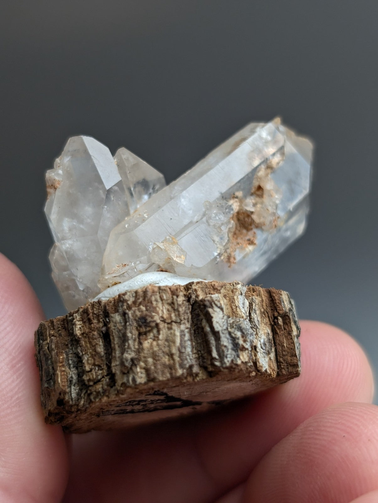 Nacrite included Quartz Crystal, Montgomery County, Arkansas, w/ wood base