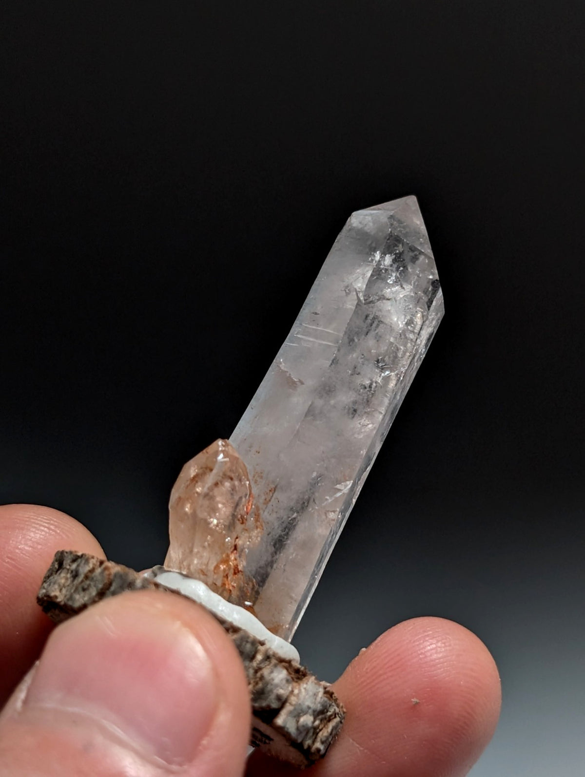 A+ Quartz Crystal Point, Montgomery County, Arkansas, w/ natural wood base