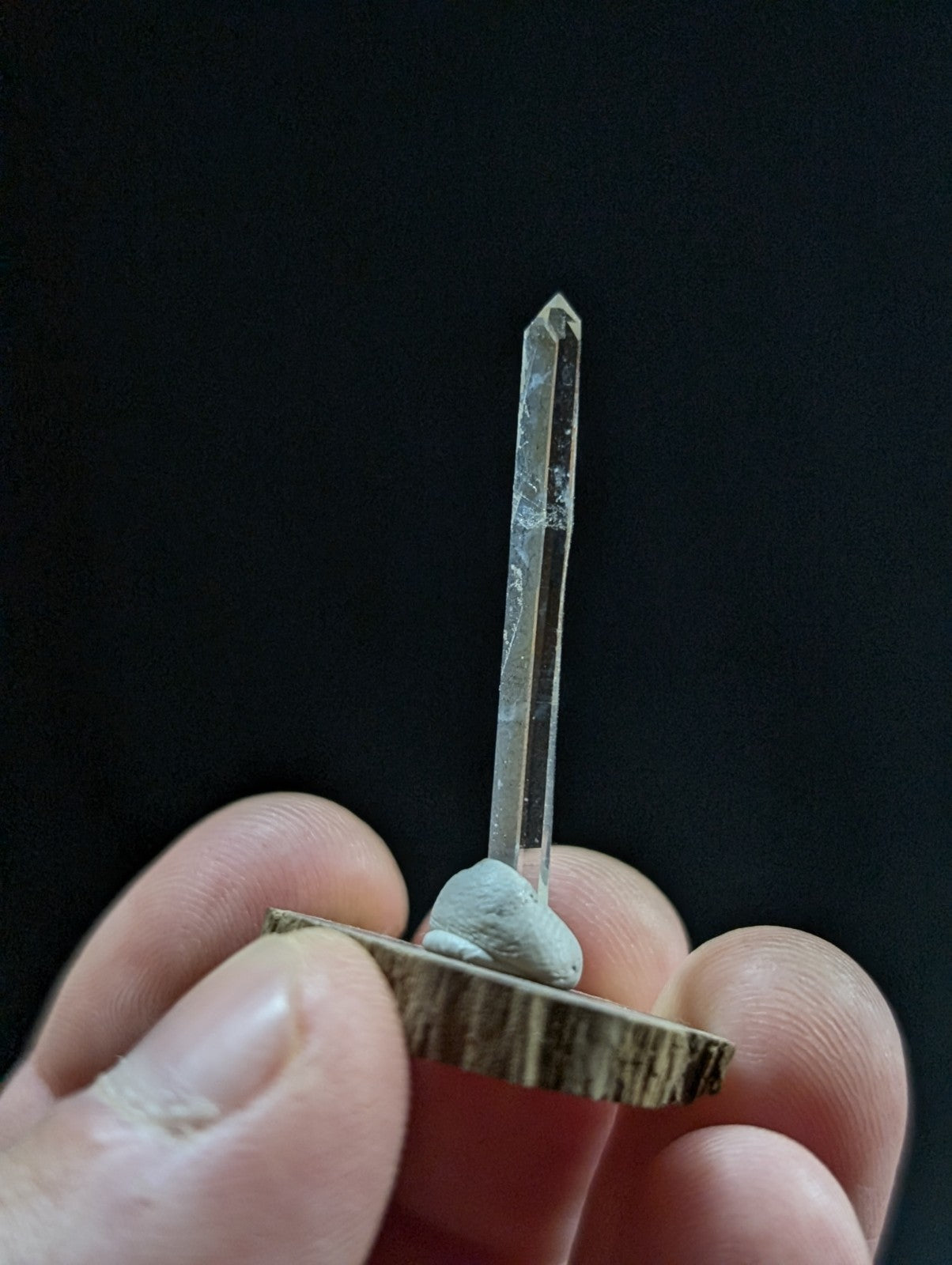 Needle Quartz Crystal Point, Old Stock,Montgomery County, Arkansas, w/ wood base