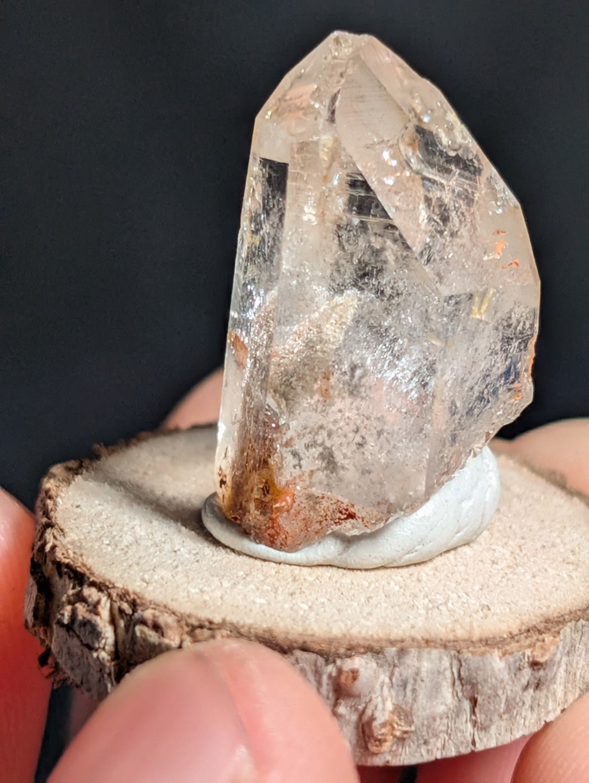 A+ Phantom Quartz, Old Stock, Montgomery County, Arkansas, w/ natural wood base