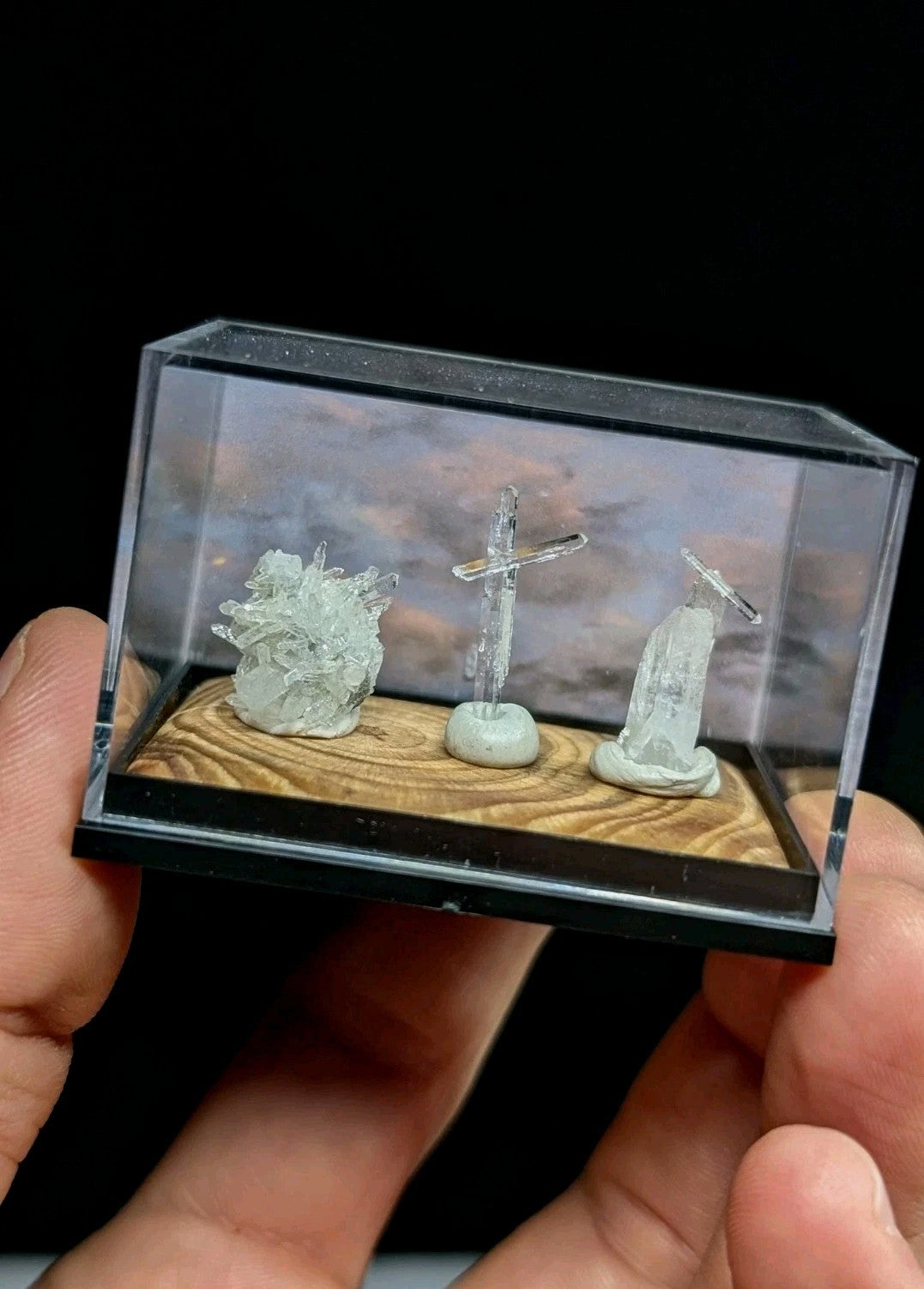 Solution Quartz set of 3, w/ wood mount + photo case - Jeffrey Quarry,  Arkansas