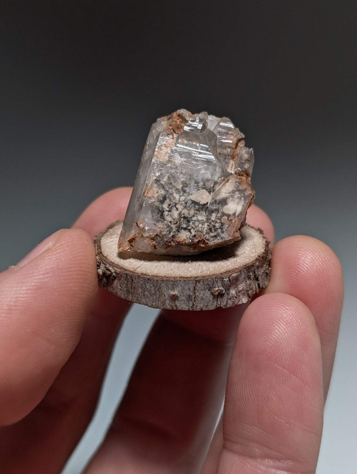Nacrite + Manganese included Quartz Crystal Point, Arkansas, w/ wood base