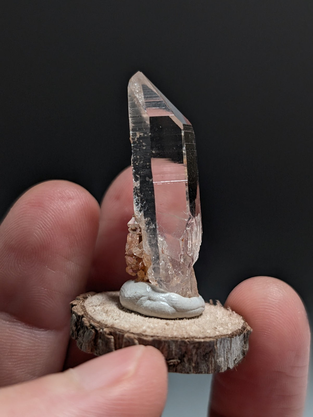 A+ Clear Quartz Crystal Point, Montgomery County, Arkansas, w/ natural wood base