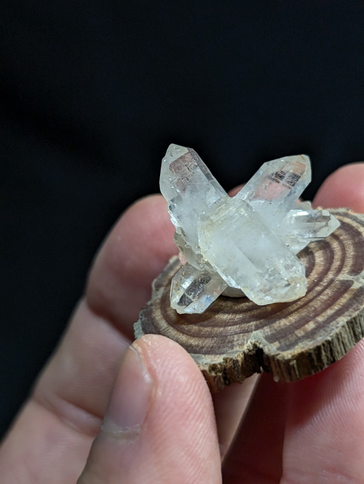 Quartz Crystal Cluster, Old Stock, Montgomery County, Arkansas, w/ wood base