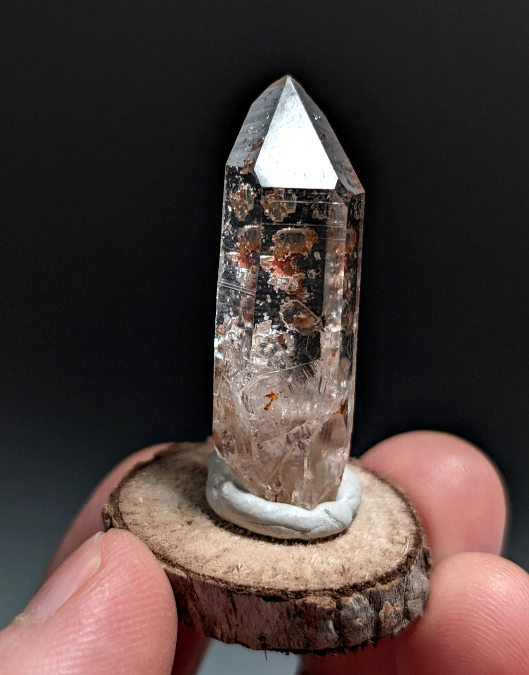 A+ Clear Quartz Crystal Point, Montgomery County, Arkansas, w/ natural wood base