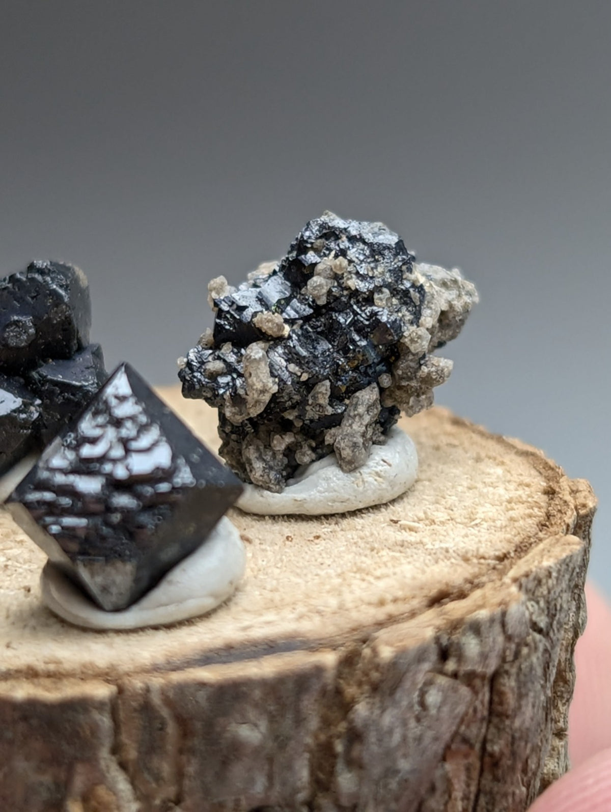 Set of 3 Brookite + Smoky Quartz, Magnet Cove, Arkansas, Old Stock, + wood stand