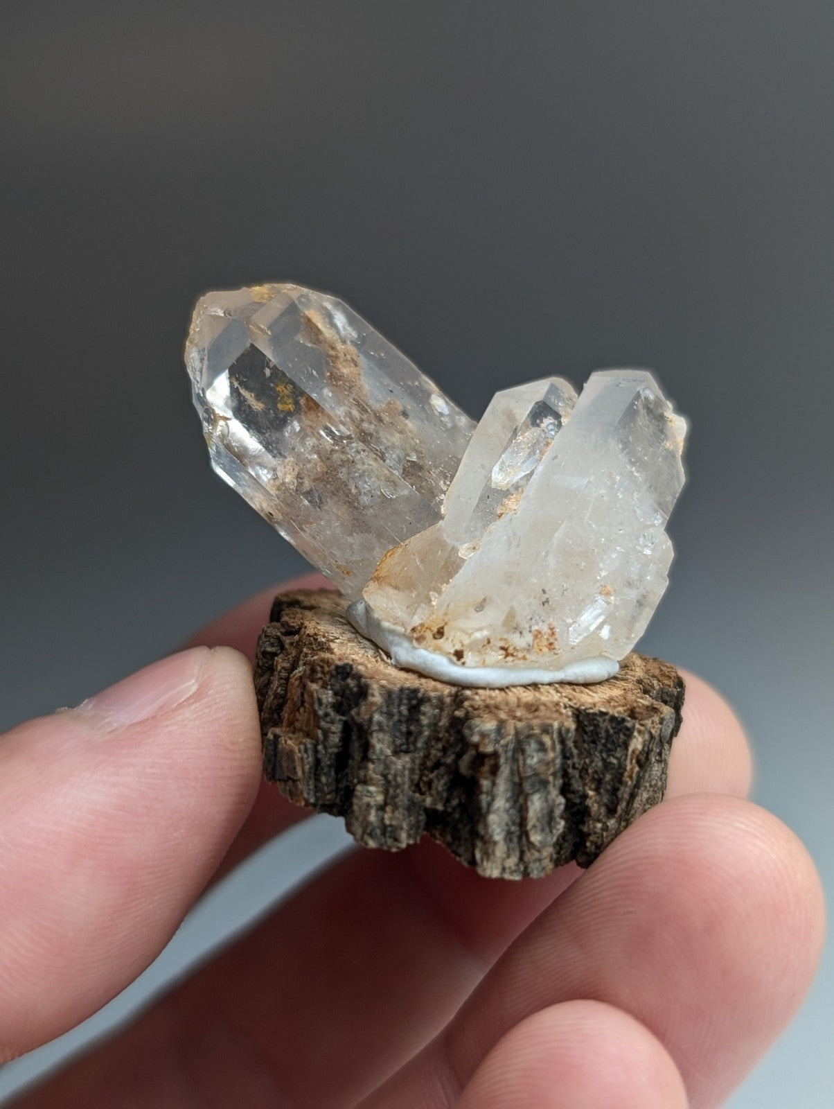 Nacrite included Quartz Crystal, Montgomery County, Arkansas, w/ wood base