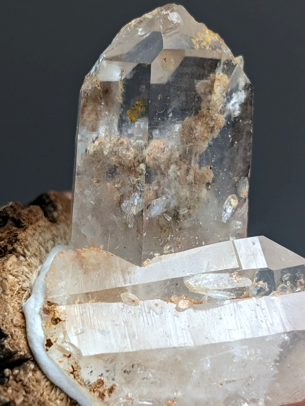 Nacrite included Quartz Crystal, Montgomery County, Arkansas, w/ wood base