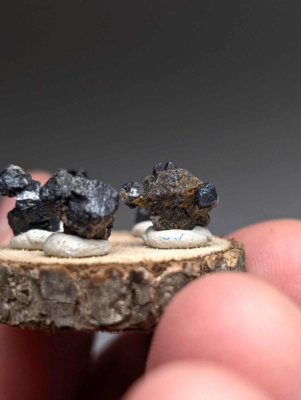 Set of 5 Brookite + Smoky Quartz, Magnet Cove, Arkansas, Old Stock, + wood stand