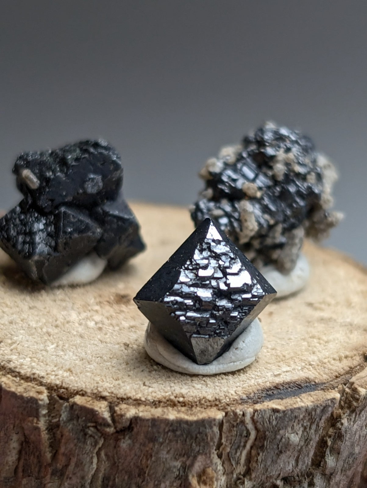 Set of 3 Brookite + Smoky Quartz, Magnet Cove, Arkansas, Old Stock, + wood stand