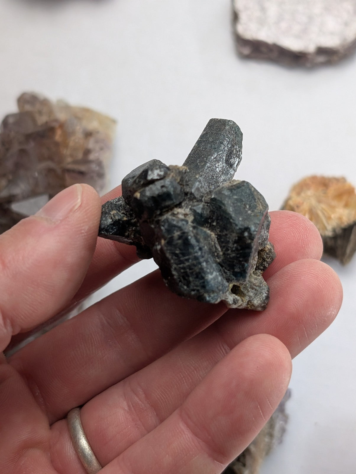 Amethyst, Tourmaline, Apatite, Pyrophyllite, Lepidolite, Flat of 9 OOAK Minerals