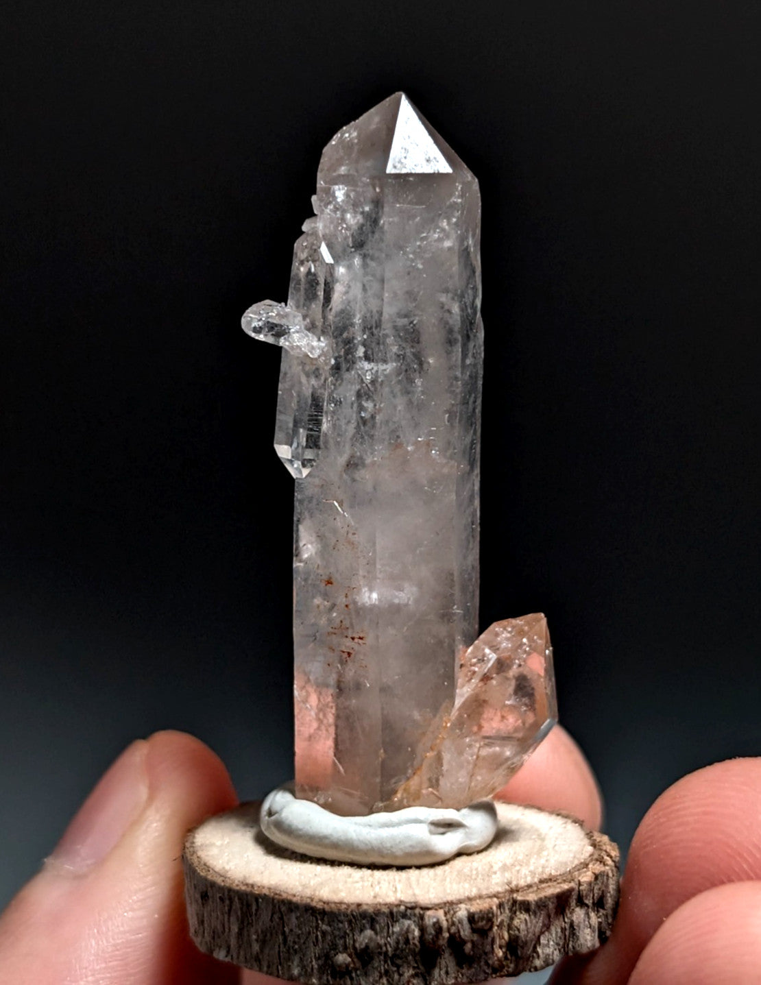 A+ Quartz Crystal Point, Montgomery County, Arkansas, w/ natural wood base