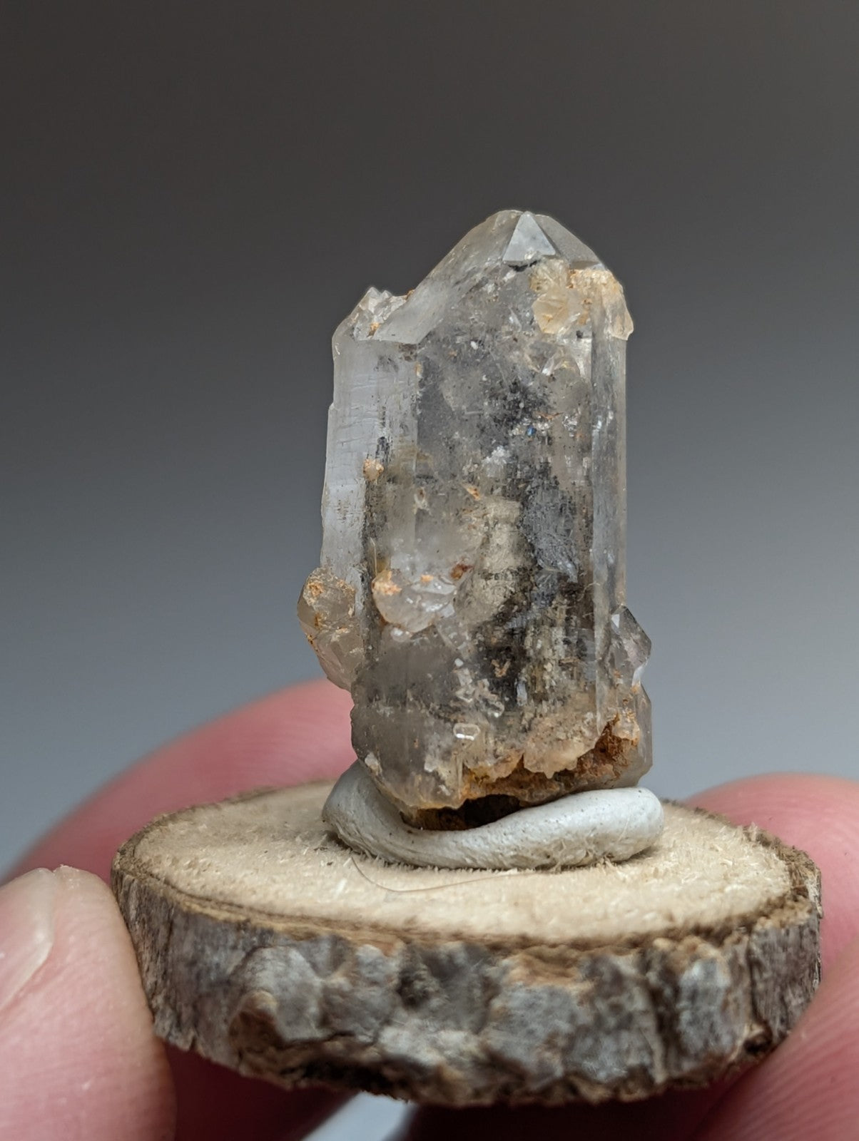 Nacrite + Manganese included Quartz Crystal Point, Arkansas, w/ wood base